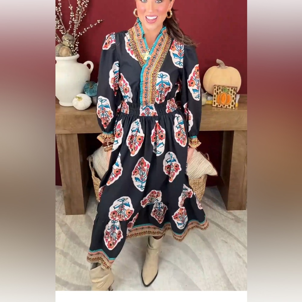 Umgee Black Floral Maxi Dress with Embroidered Trim